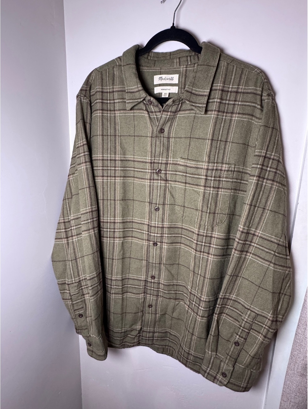 Madewell Men's "Perfect Fit" Long Sleeve Flannel Shirt - Olive Green, Size XL